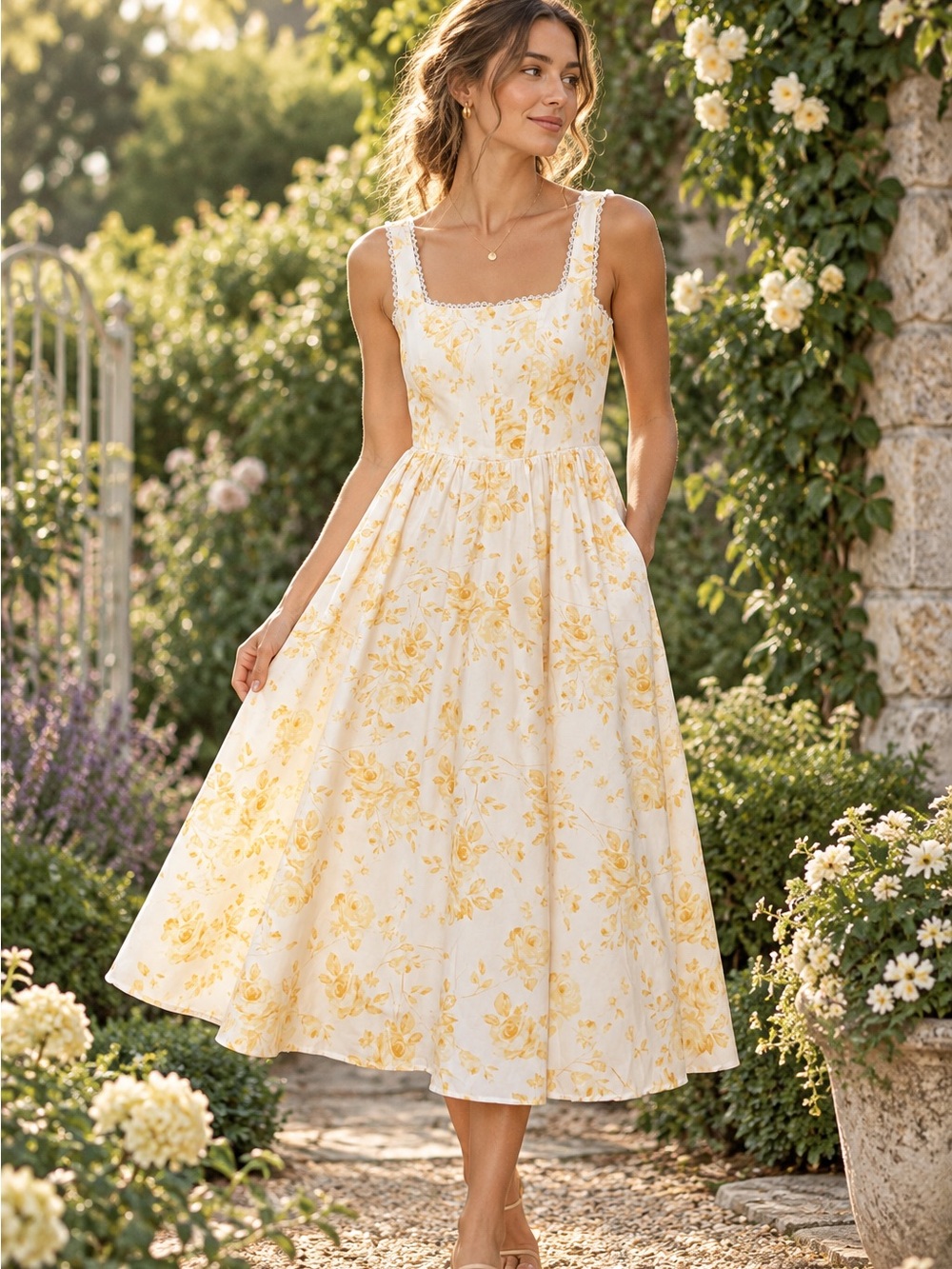 Anthropologie WAYF Desi Yellow Floral Corset Midi Dress XS